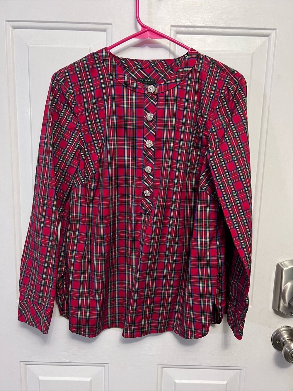 Talbots Petite Medium Red Green Tartan Plaid Blouse Rhinestone Flower Buttons